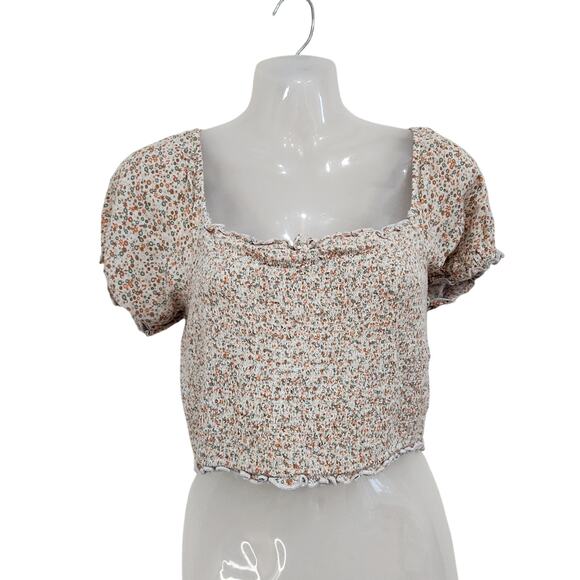 AE Aerie Micro Floral Puff Sleeve Cropped Blouse Smocked Square Neck Large - Picture 2 of 9